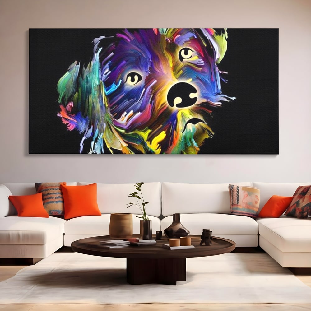 Tablou canvas cu tablou canvas cu un catel multicolor, fara rama, pe sasiu de lemn, pe perete intr-un living